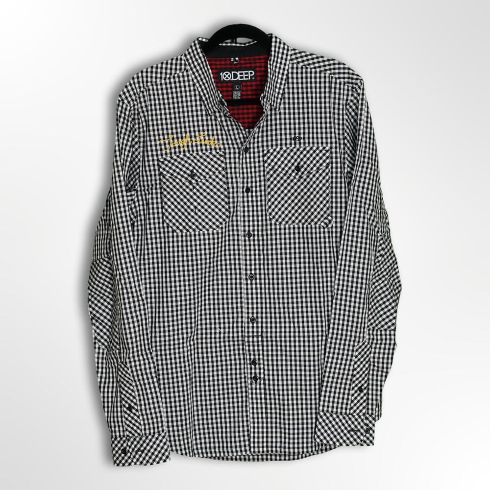 10.DEEP Men's Black & White Plaid Button-Down - Large